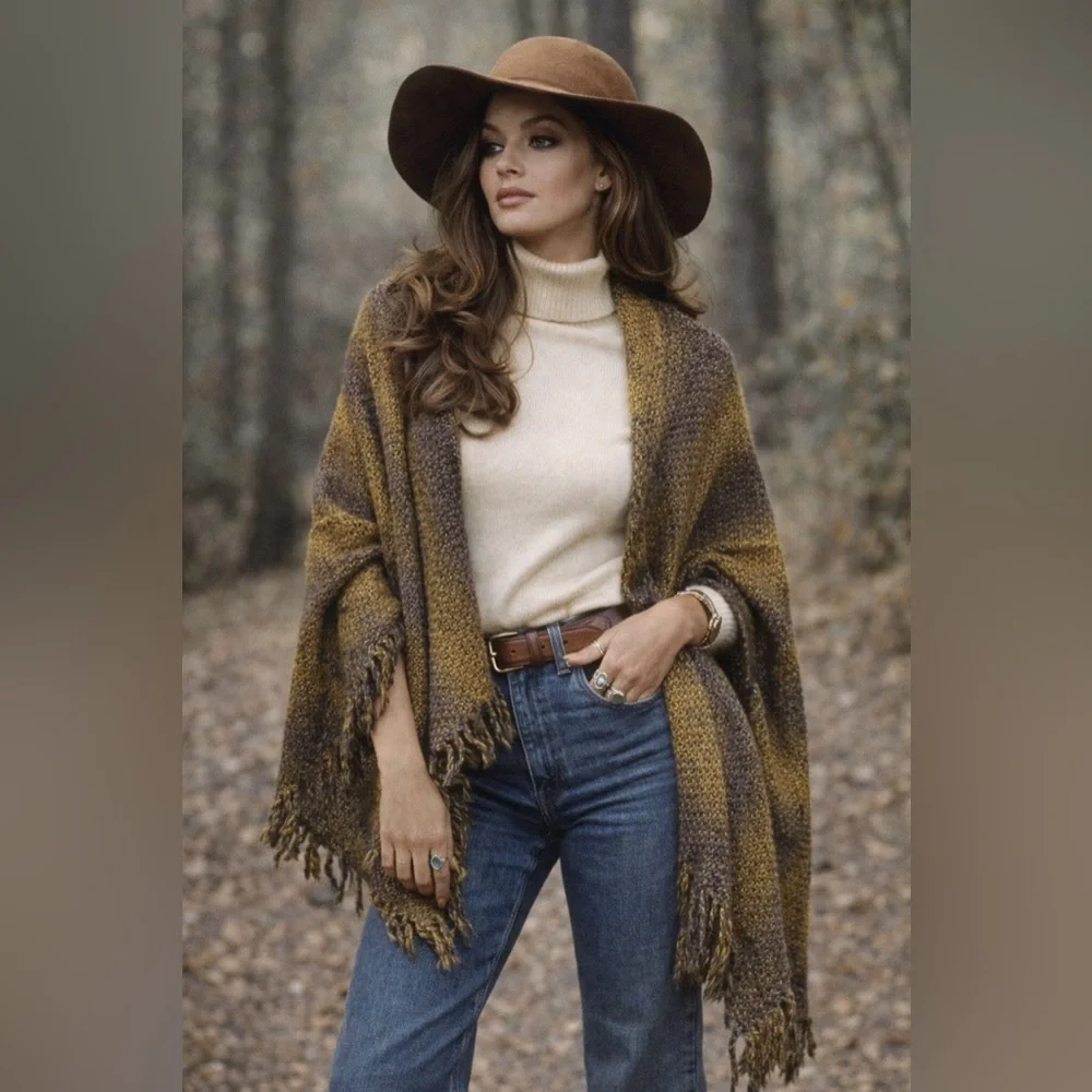 Vintage Knit Long Fringe Shawl Scarf | Boho Wrap